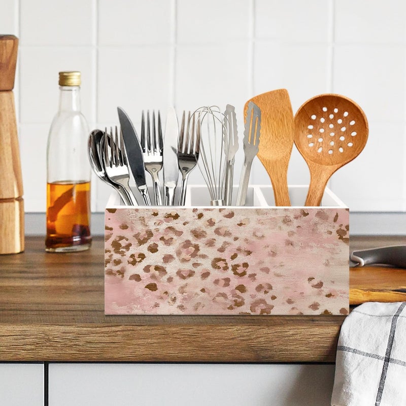 KBRCT Vintage Blush Pink Leopard Wooden Utensils Holder, Aesthetic Cheetah Print Wood Cooking Utensil Holder Organizer for Kitchen Countertop Counter Decor Accessories - Image 5